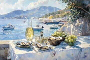 Coastal table setting with oysters and wine overlooking harbor