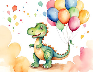 Obraz premium Watercolor illustration of cute dinosaur with colorful balloons. Greeting birthday card, poster, banner for children. White background., dragon with balloons