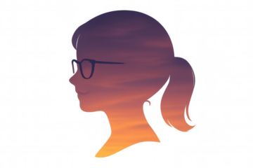 Woman's head silhouette with sunset sky double exposure, thinking, imagination, transparent background