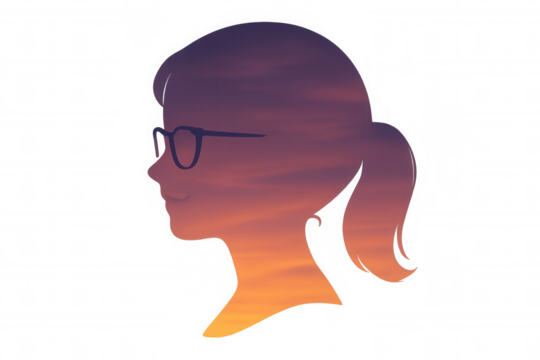 Woman's head silhouette with sunset sky double exposure, thinking, imagination, transparent background - Powered by Adobe