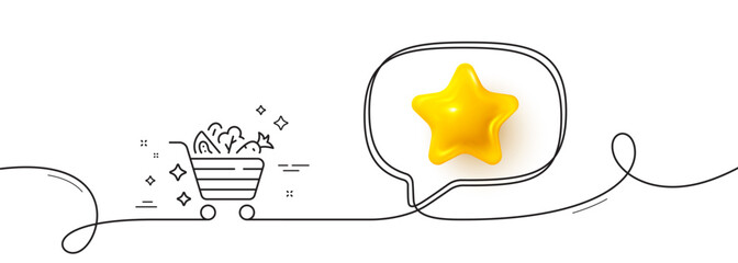 Vegetables cart line icon. Continuous line with 3d star. Lettuce, carrot with tomato sign. Low calories food symbol. 3d star in speech bubble. Vegetables cart single line ribbon. Vector