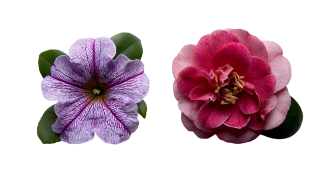PNG of Two vibrant flowers: a purple petaled blossom with intricate veins and a lush pink bloom showcasing delicate layers.