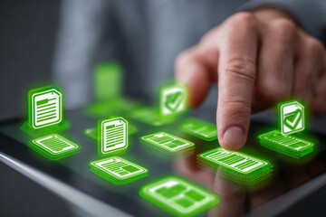 Digital document management and electronic verification process using futuristic holographic interface on a tablet for improved efficiency and security