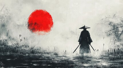Lone Samurai Standing in Water Before Red Sun in Japanese Ink Art