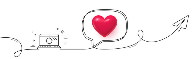 Seo laptop line icon. Continuous line with share plane. Search engine optimization sign. Aim target symbol. 3d heart in speech bubble. Seo laptop single line ribbon. Loop curve pattern. Vector