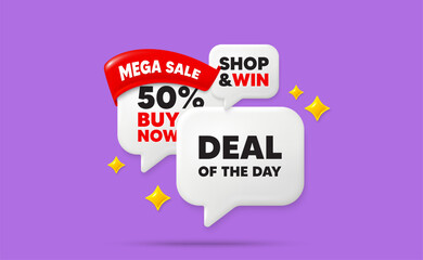 Day deal speech bubbles. Mega sale flag ribbon. Deal of the day tag. Special offer price sign. Advertising discounts symbol. Discount chat bubbles with 3d sparkles. Vector