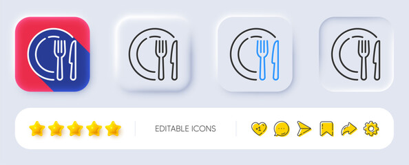 Dish line icon. Neumorphic, Flat shadow, 3d buttons. Tableware food plate sign. Kitchenware fork and knife symbol. Line dish icon. Social media icons. Vector