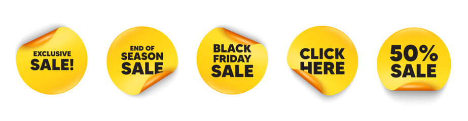 Exclusive sale sticker tag. 50 percent discount, Black friday paper price banners. Exclusive Sale tag. Special offer price sign. Advertising Discounts symbol. Click here sticker. Vector
