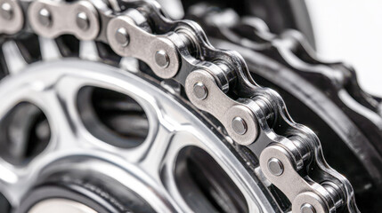 Detailed view of a shiny metal bicycle chain wrapped around the gear sprocket highlighting mechanical precision and durable craftsmanship in motion components