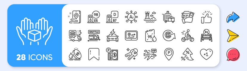 Fototapeta premium Food delivery, Rent car and Keys line icons. Interest rate, AI generate, Inflation icons. Pack of Lighthouse, Baggage cart, Petrol station icon. Vip flight, Parking payment, Parking pictogram. Vector