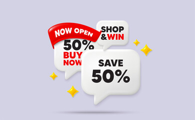 Discount speech bubbles. Now open flag ribbon. Save 50 percent off tag. Sale Discount offer price sign. Special offer symbol. Discount chat bubbles with 3d sparkles. Vector