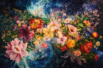 Fototapeta premium Vibrant floral galaxy explosion with cosmic background