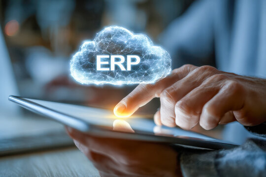 Business professional using digital tablet to access cloud-based erp system symbolizing modern enterprise resource planning and innovative technology solutions for compan - Powered by Adobe