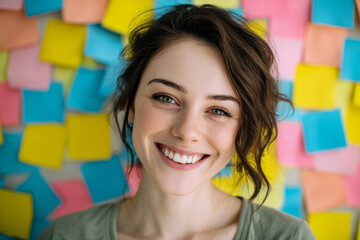Young woman with curly hair and bright smile standing against a colorful wall filled with sticky notes expressing creativity and positive energy for brainstorming session