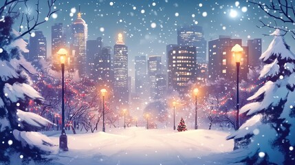 Obraz premium A snowy city street with a Christmas tree in the foreground