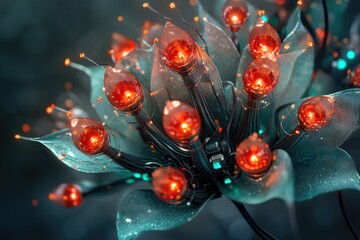 A mesmerizing fusion of organic and technological elements, portraying a futuristic bioluminescent plant. Glowing red nodes and intricate circuitry form a vibrant, captivating sci-fi spectacle.