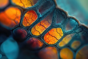 Macro image of glowing, cracked orange cells encased in a textured blue matrix, creating an abstract biological or organic pattern.