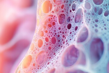 Vibrant abstract image of a porous or foamy texture with countless bubbles. Colors transition from warm orange to cool blue.