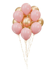 Gold and pink balloons bunch. Party celebration balloons on isolated background. 3d rendering. Applicable for birthday holiday design.