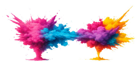 Bright, colorful paint splashes and soft rainbow feathers form an abstract, vibrant art pattern against a white background. vector watercolor illustration.