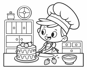 Kids Coloring Page &ndash; Cute Cartoon Chef Making a Cake with Thick Outlines