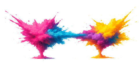 Bright, colorful paint splashes and soft rainbow feathers form an abstract, vibrant art pattern against a white background. vector watercolor illustration.
