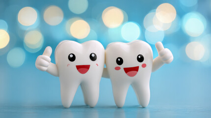 Obraz premium Two smiling cartoon teeth characters with thumbs up gesture standing together on blue surface with bright bokeh background representing dental health and happiness