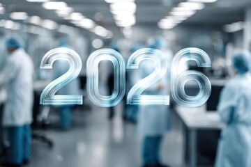 Futuristic 2026 numbers float in a high tech laboratory with scientists at work