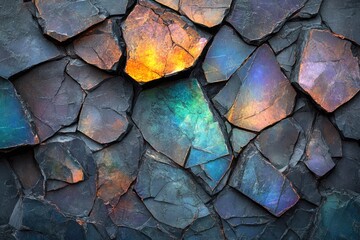 Iridescent fractured rock formation featuring glowing fragments of gold, teal, blue, and purple amidst dark, textured stone, creating a vibrant geological mosaic.
