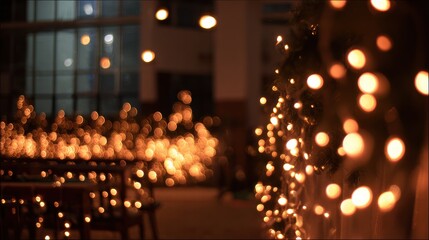 Soft blurred background of a holiday concert hall with twinkling Christmas lights
.