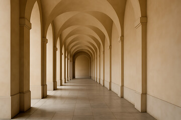 Fototapeta premium Long arched hallway with repeating columns and arches.