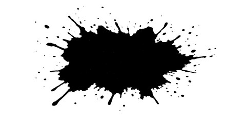 Black ink splat and blot design elements with grunge paint texture and silhouette spots, drops, and drips