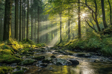 Obraz premium Serene forest scene with sunlight filtering through tall trees onto a mossy creek bed creating peaceful natural atmosphere in lush green woods