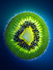 Close-up of a vibrant kiwi slice with intricate details and glowing background