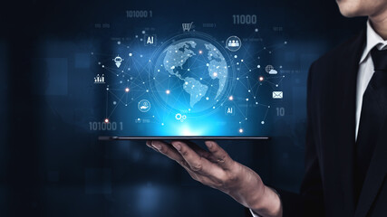 Global AI-powered digital network ecosystem connecting data, finance, analytics, ecommerce, communication, and automation across continents through technology and cloud Vouch