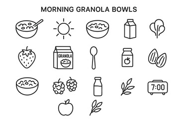 Morning granola bowls: breakfast icons with cereal, fruit, and milk