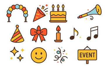 Colorful party icons collection: balloons, cake, music, and celebration symbols