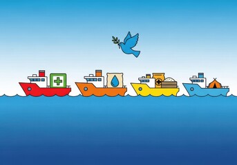 Cartoon aid ships carrying medical supplies food and water with a dove image photo