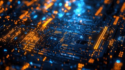Illuminated circuit board with glowing orange and blue lights in a futuristic digital environment