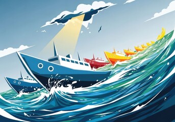 Fleet of Colorful Boats Navigating Rough Seas Under a Dramatic Sky ships ocean