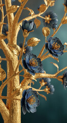 Close-up of gold tree branch with blue flowers and leaves,  representing elegance, luxury, and nature's beauty Ideal for design projects