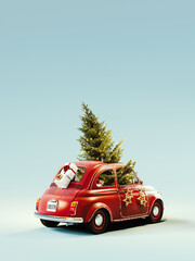Old red car with Christmas tree and Christmas presents on blue background. Christmas greeting card design with copy space. 3D Rendering, 3D Illustration	