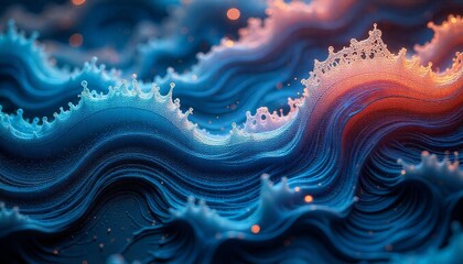 Abstract digital art of magical ocean waves with glowing orange crests and intricate, crystalline foam details under backlit conditions
