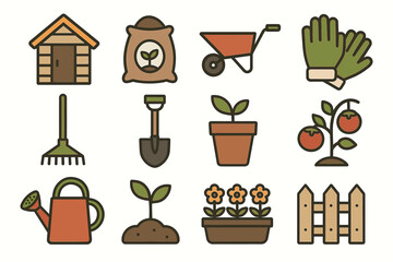 Gardening tools and plants icons: shovel, gloves, tomatoes, and more