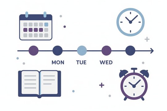Visual representation of weekly organization tools including a calendar planner, clock, and open book emphasizing time management efficiency and productivity techniques in a modern workspace