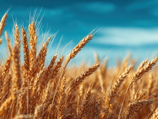 Fototapeta premium Wheat field with bright blue sky and puffy white clouds