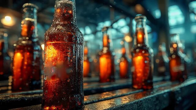 Rows of cold beer bottles on production line, glowing with light and condensation