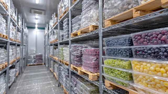 Organized refrigerated storage room with neatly stacked pallets of frozen fruits in clear packaging, offering ample wall or aisle space for design customization.