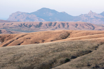 Hills and mountains of Crimea in the dawn haze
