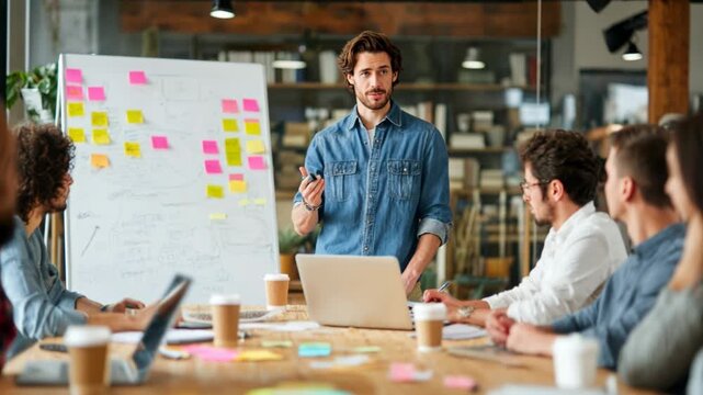 Modern creative team having a business meeting in a contemporary office, young professional giving a presentation near a whiteboard with colorful sticky notes, coworkers sitting around a large wooden 